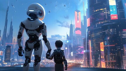 Wall Mural - A humanoid robot and child touch the hand together with futuristic city background wallpaper. Generative AI