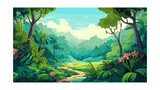 Fototapeta Las - Tropical landscape with palm trees and mountains. Vector illustration
