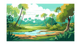 Fototapeta Las - Beautiful tropical jungle landscape with exotic plants and flowers. Vector illustration