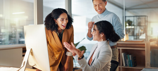 Poster - Business, team and high five for news of success in office with collaboration or support for sales achievement. Employees, winning and celebration together for feedback on project goals or target
