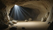 Illuminate toy and game display within an artificial cave setting with overhead lighting.