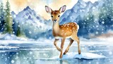 Fototapeta Dziecięca - little deer fawn on the ice and in the forest, watercolor drawing for children
