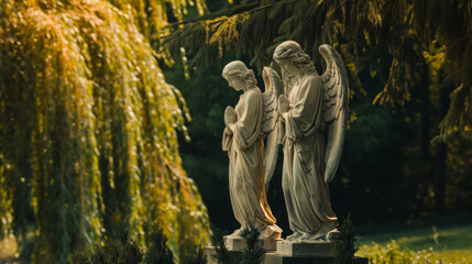 Wall Mural - A pair of mourning angels standing near a weeping willow tree their wings folded behind them as they gaze down at a small grave marker.