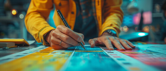 UX developer and UI designer collaborate on mobile app wireframe design with client brief in modern office, focusing on creativity and digital development.generative ai