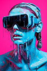Wall Mural - Illustration of a girl in a VR helmet in a blue paint on a pink background. Virtual reality. Neon colors.