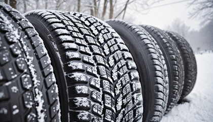  Winter snow-covered road with a close-up of car tires.