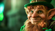 Close-up of a smiling leprechaun with green hat, red beard, and twinkling green eyes, symbolic of Saint Patrick's Day