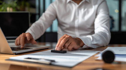 Sticker - A close-up image captures a person at a wooden desk pressing a stamp onto a document, with a laptop to the side, indicating a moment of formal business transaction or authorization.