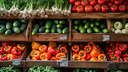 Wall Mural - assortment of fresh vegetables neatly organized on a market stall