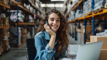 Canvas Print - woman with curly hair, smiling while talking on a mobile phone, sitting in front of a laptop in a warehouse environment.