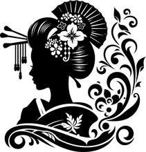 Geisha Silhouette With Flowers Ornament, Decoration, Floral Design. 