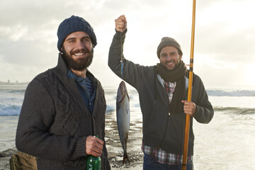 Wall Mural - Happy, people and fishing portrait at sea with pride for tuna catch at sunset. Fisherman, friends and smile holding fish and rod in hand on holiday, adventure or travel in nature on vacation at ocean