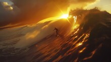 Surfer's Golden Sunset Ride - An Adrenaline-rushing Scene Of A Surfer Riding A Magnificent Wave At Sunset