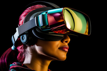 Wall Mural - A girl in a VR helmet on a black background. Virtual reality. Neon colors.