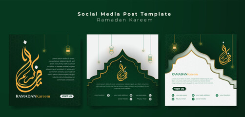 Sticker - Set of social media post template with islamic mosque background in white green for ramadan kareem. islamic background set in green white with lantern and star. arabic text mean is ramadan kareem