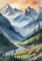 Wall Mural - Scenic Watercolor Mountain Sunset View