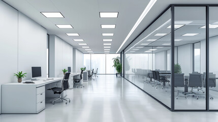 Wall Mural - modern office meeting room with a large wooden table, green chairs, and a green living wall, surrounded by glass partitions and adjacent office spaces.