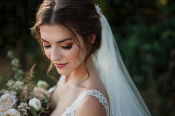 Wall Mural - Pretty young woman on her wedding day, candid portrait of her face in her beautiful wedding dress.