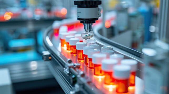 precision robotics technology fills medicine bottles in an industrial pharmaceutical production line