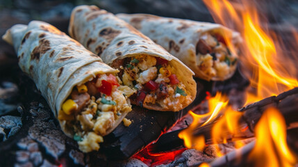 Wall Mural - The ultimate camping breakfast sizzling hot breakfast burritos filled with all your favorite breakfast ingredients cooked and served right over the campfire.