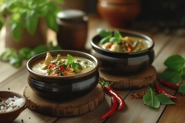 Rustic Gastronomy: Two Curries and Side Dishes on a Wooden Counter in Naturalistic Style