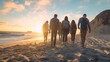 A group of hikers stand on the sandy shore, surrounded by the beauty of nature as the sun sets over the ocean, creating a picturesque outdoor scene