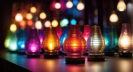 Wall Mural - Various colorful lamp in a neat row on a dark background