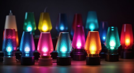 Wall Mural - Various colorful lamp in a neat row on a dark background