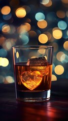 two ice cube like a heart shape in a glass of wiskey with bokeh background