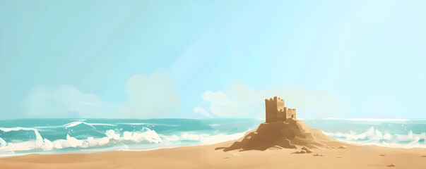 Wall Mural - Sand castle on the ocean beach flat cartoon illustration. Summer kids holidays on the sea side, sea coast. Concept of summer vacation for postcard, banner, poster, ads with copy space.