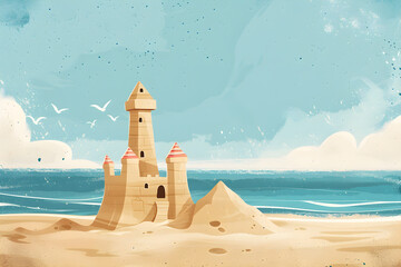 Wall Mural - Sand castle on the ocean beach flat cartoon illustration. Summer kids holidays on the sea side, sea coast. Concept of summer vacation for postcard, banner, poster, ads with copy space.