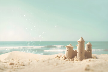 Wall Mural - Sand castle on the ocean beach close up photo. Summer kids holidays on the sea side, sea coast. Concept of summer vacation for postcard, banner, poster, advertisement with copy space.