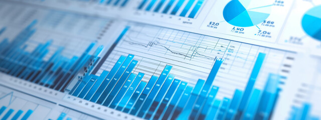 Poster - close-up of a collection of business documents with various types of charts and graphs