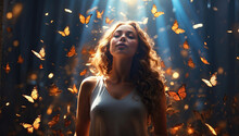 A Woman In A Magical Misty Light Surrounded By Butterflies In A Ray Of Light - Enjoyment Of Nature, Beauty, Feminine Energy, Femininity, Magical Radiance, Unity With Nature. 
