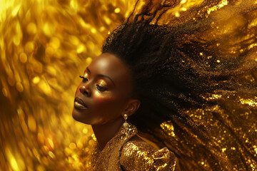 Wall Mural - portrait of black woman with hair as on a golden backdrop