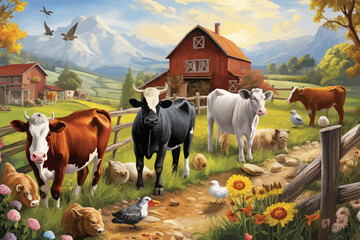 Wall Mural - a painting of a farm scene with cows and ducks