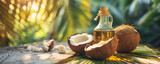 Coconut oil banner, small bottle with whole and halved fresh coconuts on a wooden table with a palm trees background with copy space for text. Natural hair care, vegan diet concepts