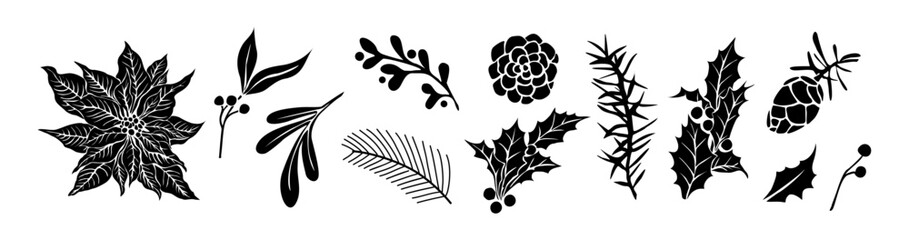 Wall Mural - Set of Winter botanical silhouettes, twigs, berries, leaves, holly, poinsettia flower, hand drawn plants, pine cone, fir tree branches. Christmas decor vector elements on transparent background.