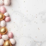 Fototapeta Zwierzęta - Glamorous Easter greeting card. Upper view on pink colored eggs with golden spangles on white marble background. Traditional symbols of spring holiday and copy space.