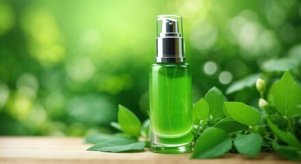 Wall Mural - Green cosmetics, bottle of cosmetic serum or moisturizer on nature background