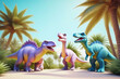 Three cute little dinosaurs on a lawn with bright flowers and shrubs. A toy good-natured dragon.