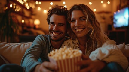 Portrait of young couple man and woman eating popcorn at home on the sofa watching