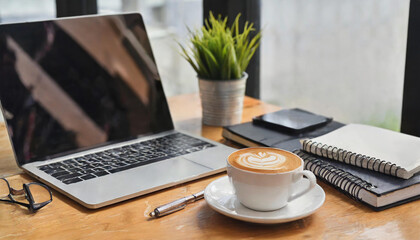 Wood office desk table with a lot of things tablet, laptop ,smartphone ,notepad and coffee cup notepad .copy space virtual interface icons screen.