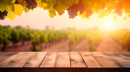 Empty wooden table, sunny vineyard background