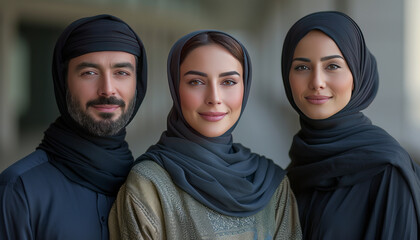 Arab man and woman in traditional attire pose for group portrait in Dubai studio, UAE.,generative ai