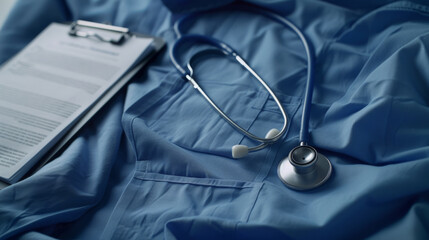 Poster - Medical scrubs with a stethoscope and a clipboard, indicating a healthcare setting and medical professionalism.