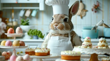 An Easter bunny in a chef's hat and a white apron at a cooking show in the kitchen prepares Easter cakes. Anthropomorphism