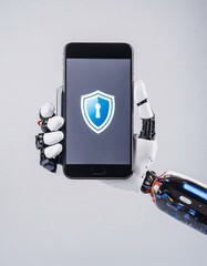 Canvas Print - Robotic hand gently cradling a smartphone displaying AI, symbolizing tech support