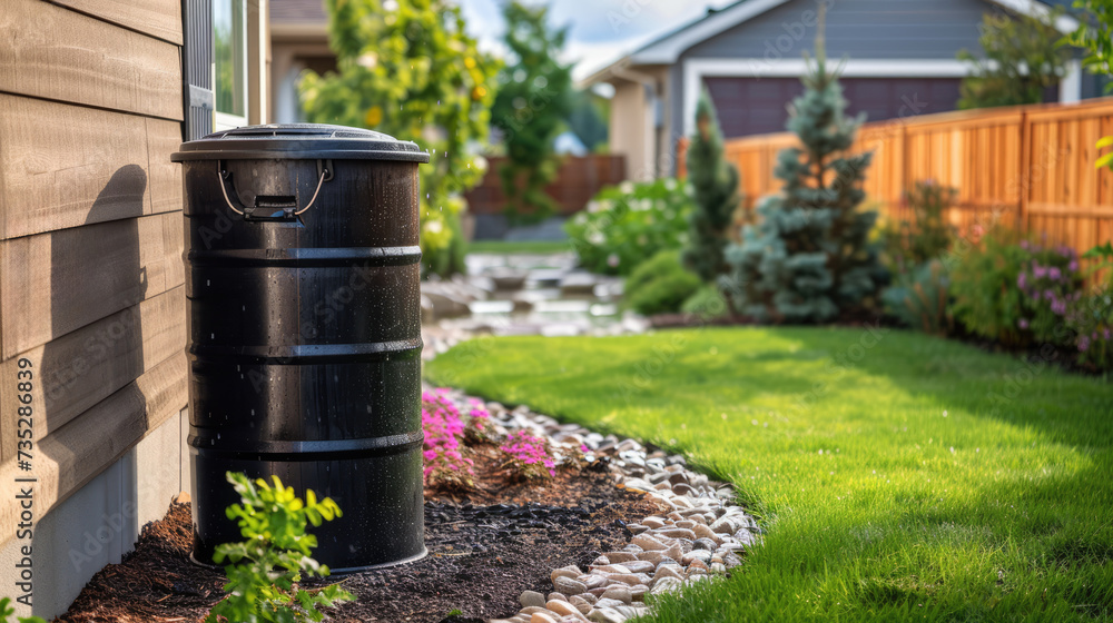 Generative AI, rainwater harvesting system in the garden with barrel ...