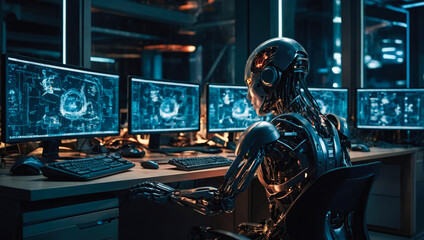 Wall Mural - technological metallic humanoid in a server room working on computer - cybersecurity vulnerability and hacker malware concept